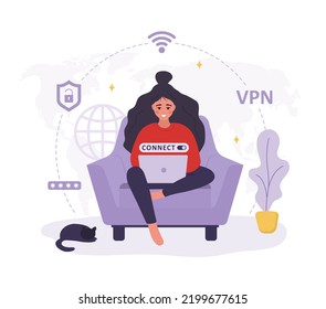 VPN service. Woman using virtual private network. Personal information and data safety. Password security. Protection IP addresses and cyberspace. Vector illustration in flat cartoon style.