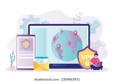 VPN service. Young man using VPN to protect personal data on smart gadgets. Virtual Private Network. Service for changing location of ip address. Secure network connection and privacy protection.