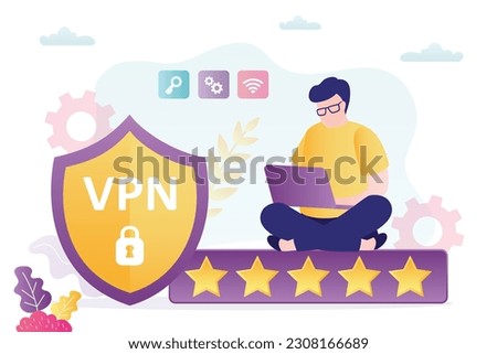 VPN service. Young man using VPN to protect personal data in laptop. Virtual Private Network. Service for changing location of ip address. Secure network connection, privacy protection. Bypass locks.