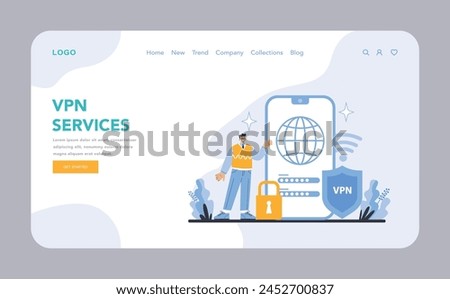 VPN Services web or landing page. Ensuring secure, encrypted online navigation and protecting user privacy across global networks. Essential cyber safety tools visualized. Flat vector illustration.