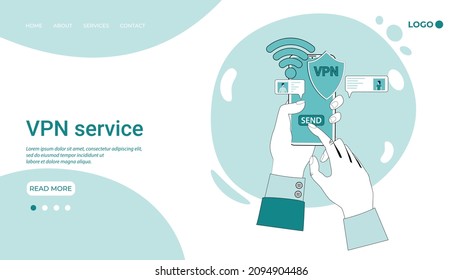 VPN Service.Secure Data Transmission Over Closed Channels.Protected And Private Data Transfer Mode.An Illustration In The Style Of A Green Landing Page.