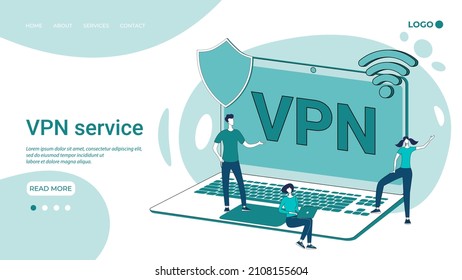 VPN Service.Secure Data Transmission Over Closed Channels.Protected And Private Data Transfer Mode.An Illustration In The Style Of A Green Landing Page.