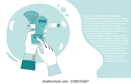 VPN Service.Secure Data Transmission Over Closed Channels.Protected And Private Data Transfer Mode.An Illustration In The Style Of A Green Landing Page.