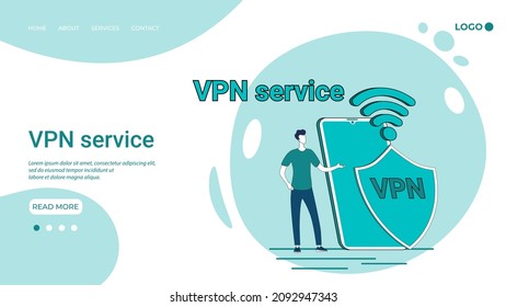 VPN Service.Secure Data Transmission Using Closed Channels.An Illustration In The Style Of A Landing Page In Green.