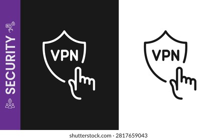 VPN Shield Activation and Selection Pointer Line Icon Vector, Virtual Private Network Click, Data Protection, Cyber Security, and Secure Surfing Symbol.