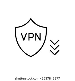 VPN shield and arrows down. Secure and private downloading. Safe access to data and content. Pixel perfect, editable stroke icon