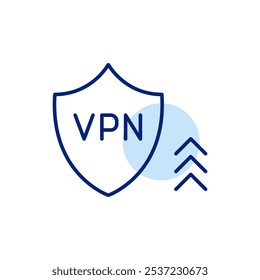 VPN shield and arrows up. Secure and private file transfer. Safe access to data and content. Protection growth. Pixel perfect vector icon