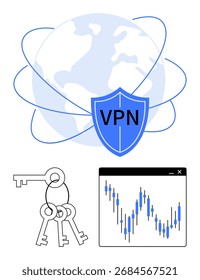 VPN-Schild vor dem Globus mit Verbindungslinien, Schlüsseln auf einem Ring, Analytik-Chart. Ideal für Cybersicherheit, Netzwerksicherheit, Datenschutz, Internet-Datenschutz, Online-Sicherheit, sicheren Zugriff