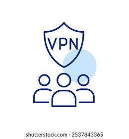 VPN shield and group of users. Shared online protection, secure network environment for all users. Pixel perfect vector icon