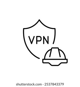 VPN shield and hard hat. Durable, reinforced approach to online security. Built-in data protection. Pixel perfect, editable stroke icon