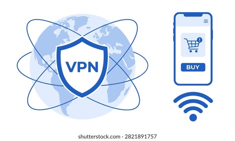 Vpn shield icon with global internet connection on mobile phone for secure shopping