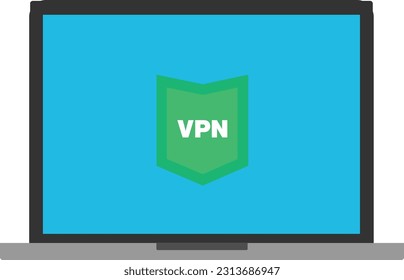 VPN shield icon on PC screen. Virtual Private Network protection vector illustration on laptop computer for security