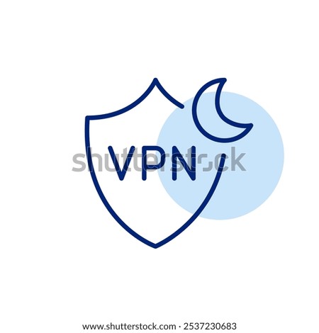 VPN shield and moon symbol. Night time protected online activities. Pixel perfect vector icon