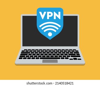 VPN shield on a laptop screen. Vector illustration of Virtual Private Network.
