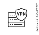 VPN shield on server stack, linear icon. Encrypted server access and data protection. Editable stroke.