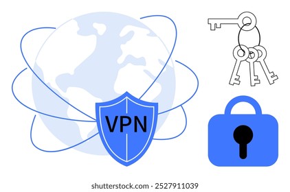 VPN shield over a globe, keys and a padlock. Ideal for data security, online privacy, secure communications, internet safety, anonymity. Simple, clean vector style