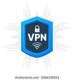 VPN shield. Protecting personal data with VPN service. Private network, cyber security, secure web traffic, data protection. Vector illustration.