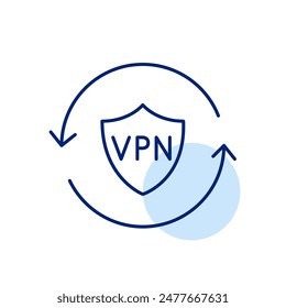 VPN shield and renew arrows. Consistent security and regular updates. Internet user privacy. Pixel perfect vector icon