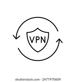 VPN shield and renew arrows. Consistent security and regular updates. Internet user privacy. Pixel perfect editable icon
