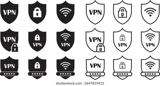 Ícone de segurança do escudo VPN definido em forma plana e design de estrutura de tópicos. Representando símbolo de proteção de senha de segurança. Elementos de wifi para vetores de sinais. A ilustração Fornecedor de conexão está isolada no plano de fundo transparente.