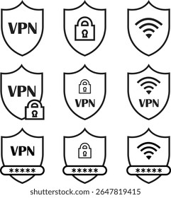 Ícone de segurança de blindagem de VPN define designs de estrutura de tópicos. Representando símbolos de proteção de senha de segurança. Sinais Vetores elementos wifi. A ilustração Fornecedor de conexão está isolada no plano de fundo transparente.