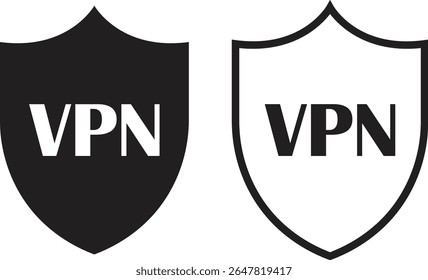 Ícone de segurança do escudo VPN definido em forma plana e design de estrutura de tópicos. Representando símbolo de proteção de senha de segurança. Elementos de wifi para vetores de sinais. A ilustração Fornecedor de conexão está isolada no plano de fundo transparente.