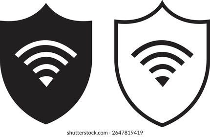 Ícone de segurança do escudo VPN definido em forma plana e design de estrutura de tópicos. Representando símbolo de proteção de senha de segurança. Elementos de wifi para vetores de sinais. A ilustração Fornecedor de conexão está isolada no plano de fundo transparente.