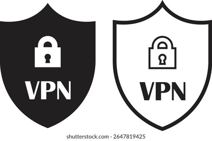 Ícone de segurança do escudo VPN definido em forma plana e design de estrutura de tópicos. Representando símbolo de proteção de senha de segurança. Elementos de wifi para vetores de sinais. A ilustração Fornecedor de conexão está isolada no plano de fundo transparente.