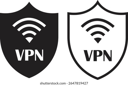 Ícone de segurança do escudo VPN definido em forma plana e design de estrutura de tópicos. Representando símbolo de proteção de senha de segurança. Elementos de wifi para vetores de sinais. A ilustração Fornecedor de conexão está isolada no plano de fundo transparente.