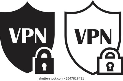 VPN shield security icon set flat and outline design. Representing security password protection symbol. Sign Vectors wifi elements. Connection Supplier illustration isolated on transparent background.