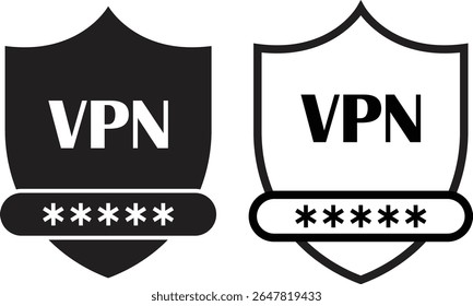 Ícone de segurança do escudo VPN definido em forma plana e design de estrutura de tópicos. Representando símbolo de proteção de senha de segurança. Elementos de wifi para vetores de sinais. A ilustração Fornecedor de conexão está isolada no plano de fundo transparente.