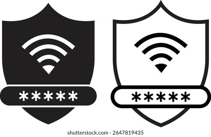 Ícone de segurança do escudo VPN definido em forma plana e design de estrutura de tópicos. Representando símbolo de proteção de senha de segurança. Elementos de wifi para vetores de sinais. A ilustração Fornecedor de conexão está isolada no plano de fundo transparente.