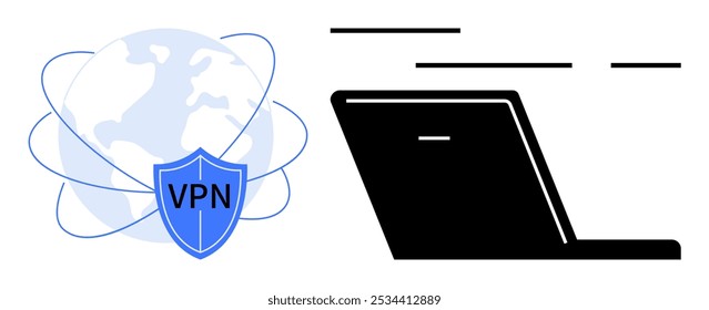 Símbolo de blindagem de VPN ao lado de um laptop que representa navegação on-line segura. Ideal para proteção da privacidade, segurança da Internet, criptografia de dados, conexões seguras e reconhecimento de privacidade digital. Vetor plano