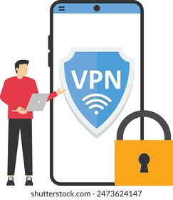 VPN software or plugin. App for secure internet connection, data encryption. Security protocol. Virtual Private Network, landing page template. User or employee uses laptop. Vector

