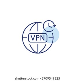 Símbolo VPN, tierra y reloj. Cifrado de datos, navegación anónima. Icono de Vector de trazo perfecto y editable