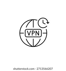 Símbolo VPN, tierra y reloj. Cifrado de datos, navegación anónima. Icono de Vector de trazo perfecto y editable