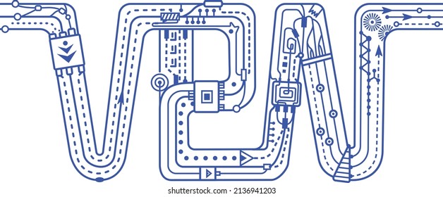 Ein VPN-System. Briefing-Komposition als Design-Element für Logo oder Präsentation von virtuellen privaten Netzwerk. Monoline Illustration.