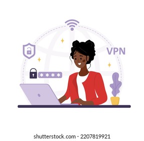 VPN Technology. African woman using app for protect personal data. Cyber security. Virtual private network connection. Modern software for remote servers. Vector illustration in flat cartoon style. svg