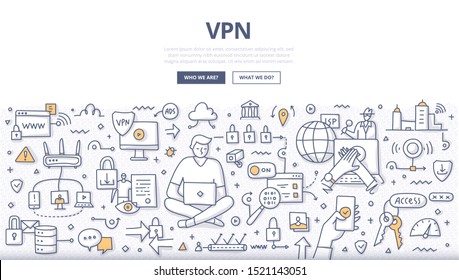 VPN technology concept. Virtual private network. Anonymous and safe internet using with encrypted connection. Doodle illustration 