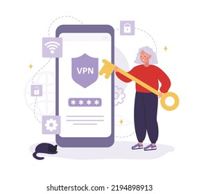 VPN-Technologie. Ältere Frauen, die Software zum Schutz personenbezogener Daten verwenden. Virtuelle private Netzwerkverbindung. Internetdienstanbieter. Sicherer Webverkehr. Vektorgrafik im flachen Cartoon-Stil.