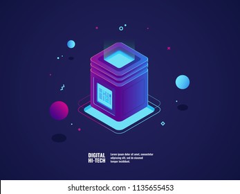 VPN technology and informtion encryption, Big data processing and optimization concept, server room, technology element, supercomputer, vector illustration isometric neon dark ultraviolet