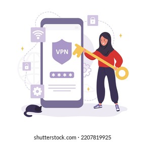 VPN Technology. Islamic woman using software for protect personal data. Virtual private network connection. Internet service provider. Secure web traffic. Vector illustration in flat cartoon style.