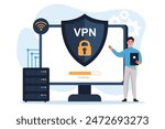 Vpn technology system. Characters connect to secure VPN points. VPN connection concept. Internet connection flat illustration vector.