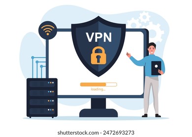 Vpn technology system. Characters connect to secure VPN points. VPN connection concept. Internet connection flat illustration vector.