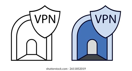 VPN tunnel icon with shield. Secure internet access and encryption symbol showing a tunnel and protective VPN badge.