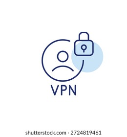 Usuario VPN y bloqueo. Acceso seguro a Internet, privacidad y anonimato. Icono de Vector de trazo perfecto y editable
