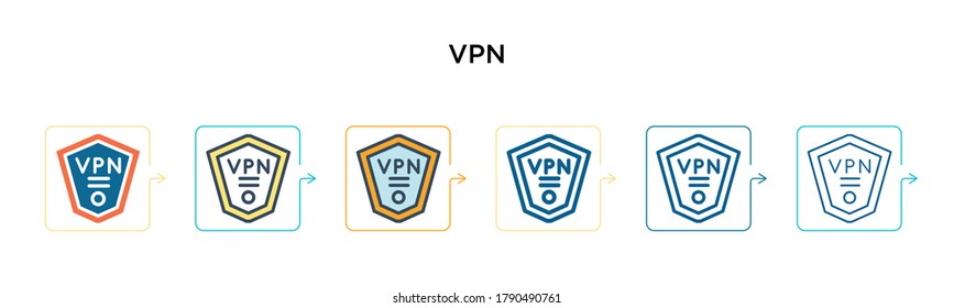 Vpn vector icon in 6 different modern styles. Black, two colored vpn icons designed in filled, outline, line and stroke style. Vector illustration can be used for web, mobile, ui