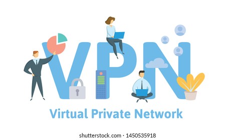 VPN, Virtual Private Network. Concept with people, letters and icons. Colored flat vector illustration. Isolated on white background.