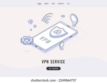 VPN - concepto de red privada virtual. Conexión segura cifrada VPN. Plantilla de la página de inicio de un vector de diseño plano de comercio electrónico
