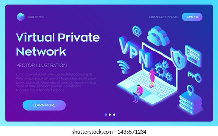 VPN. Virtual private network. Data encryption, IP substitute. Secure VPN connection concept. Cyber security and privacy, Isometric personal data protection. Privacy Protection. Vector Illustration.